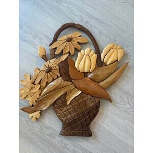 Vintage Hawaii Handcarved Wood Flower Arrangement Basket Wall Decor